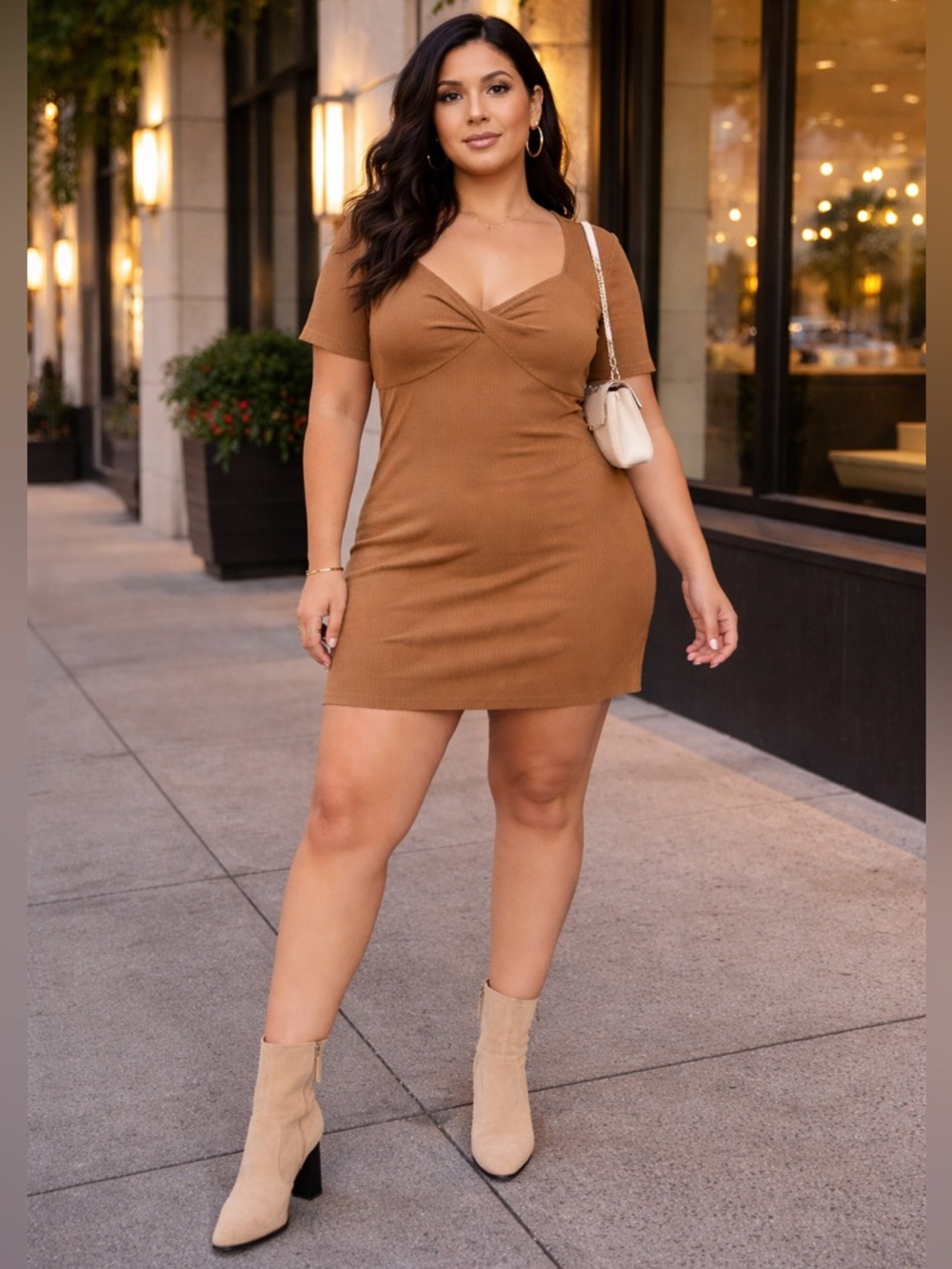 OLD NAVY Brown Ribbed Twist Front Mini Dress Size XL Bodycon Casual Autumn